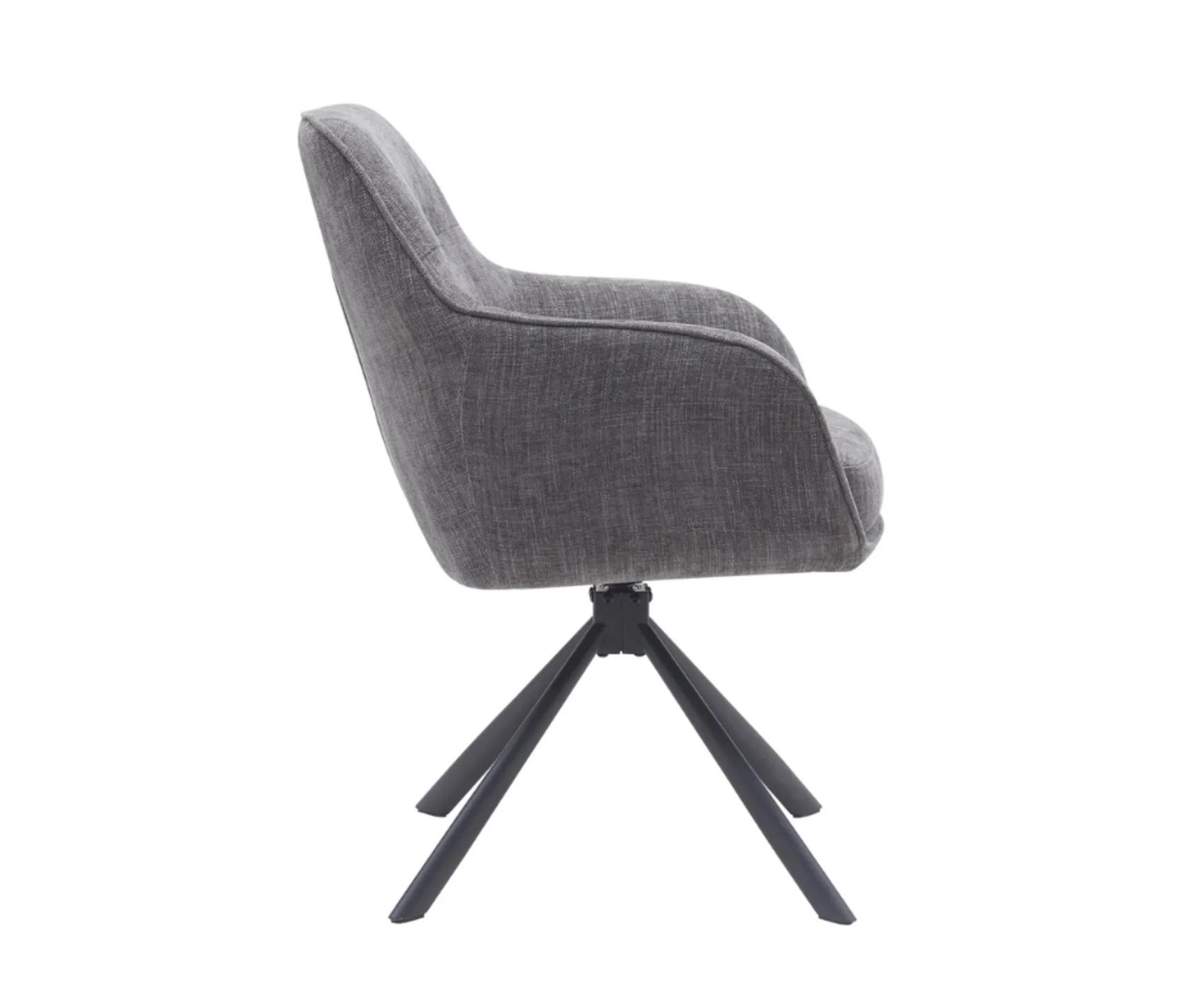 Seitliche Ansicht von einem Esszimmerstuhl. Der Stuhl ist in Graphit und hat ein schwarzes Gestell.