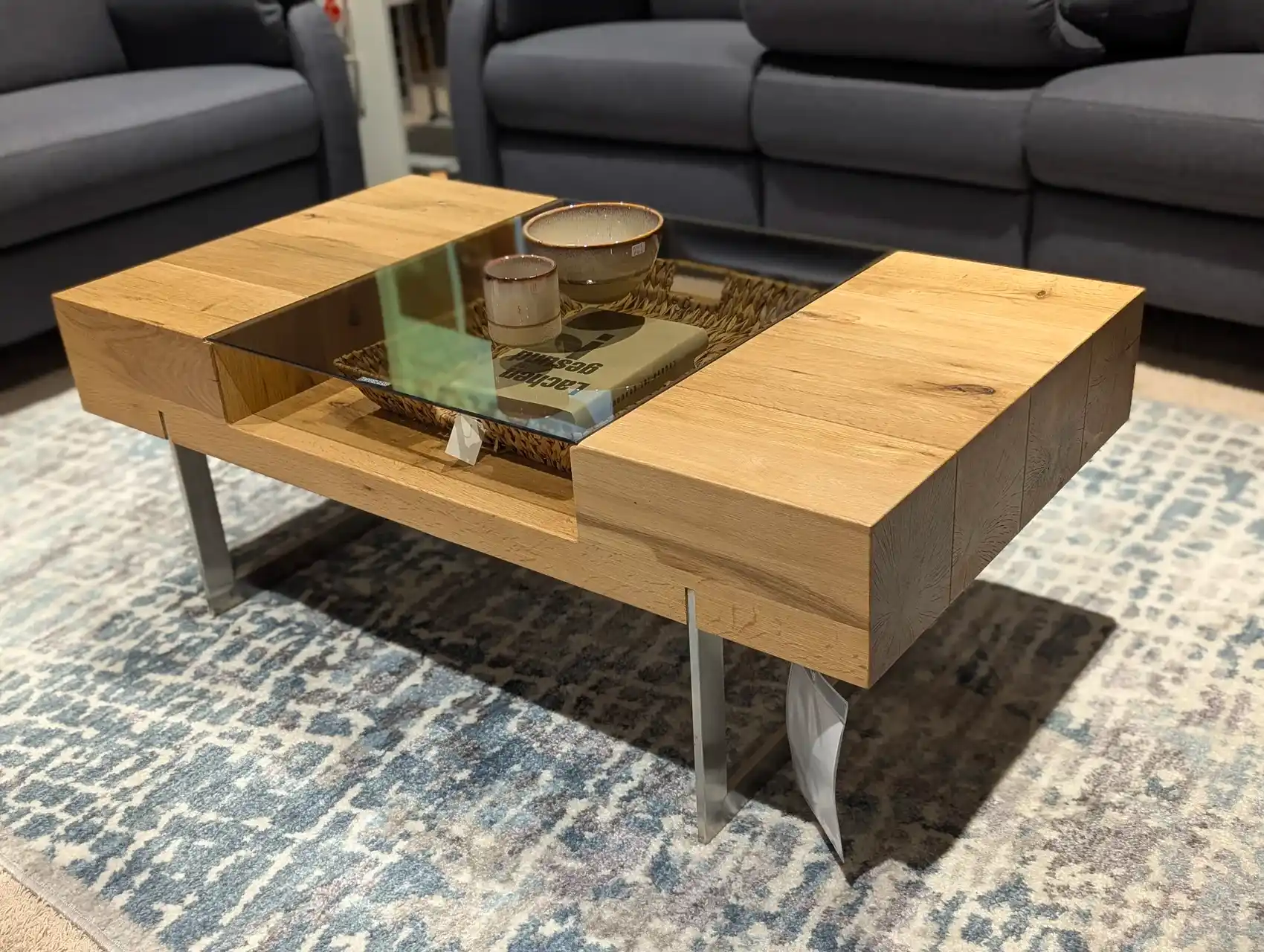 Couchtisch Eiche furniert mit Glasplatte und Edelstahlgestell